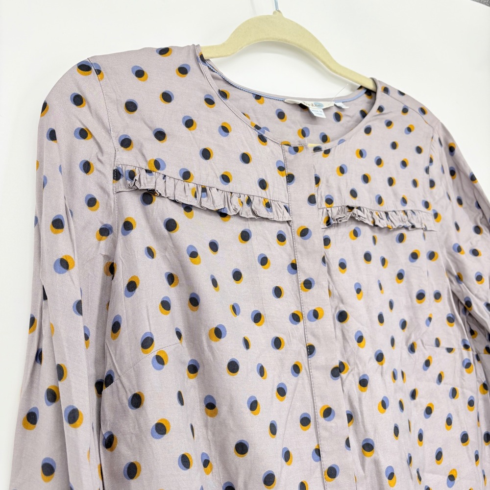 Boden Sz 10  Gray Polka  Dot Ruffle Button Down‎ Blouse Long Sleeve Silk Blend - Picture 3 of 12